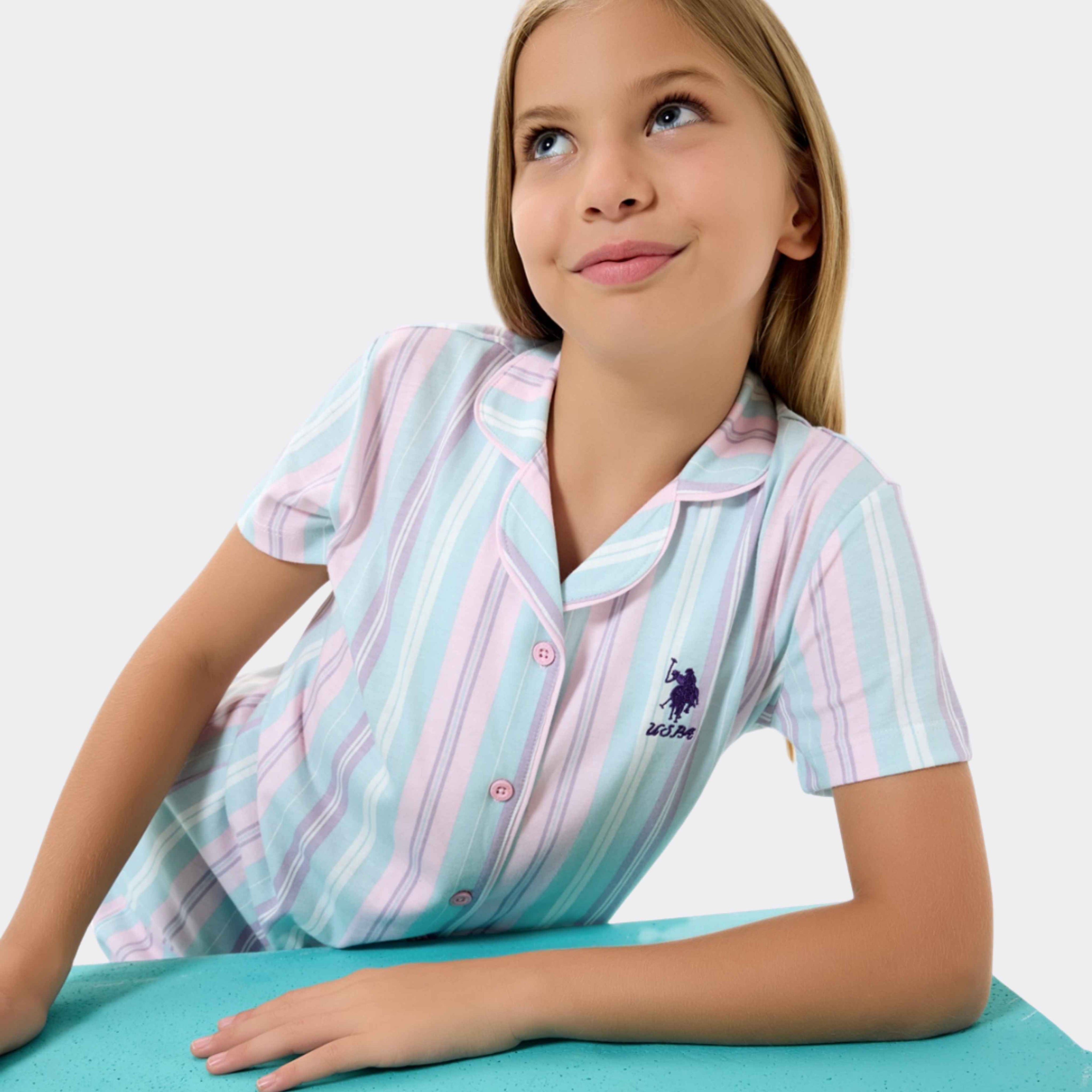 U.S. Polo Assn. | Candy Stripe Düğmeli Kız Çocuk Şortlu Takım