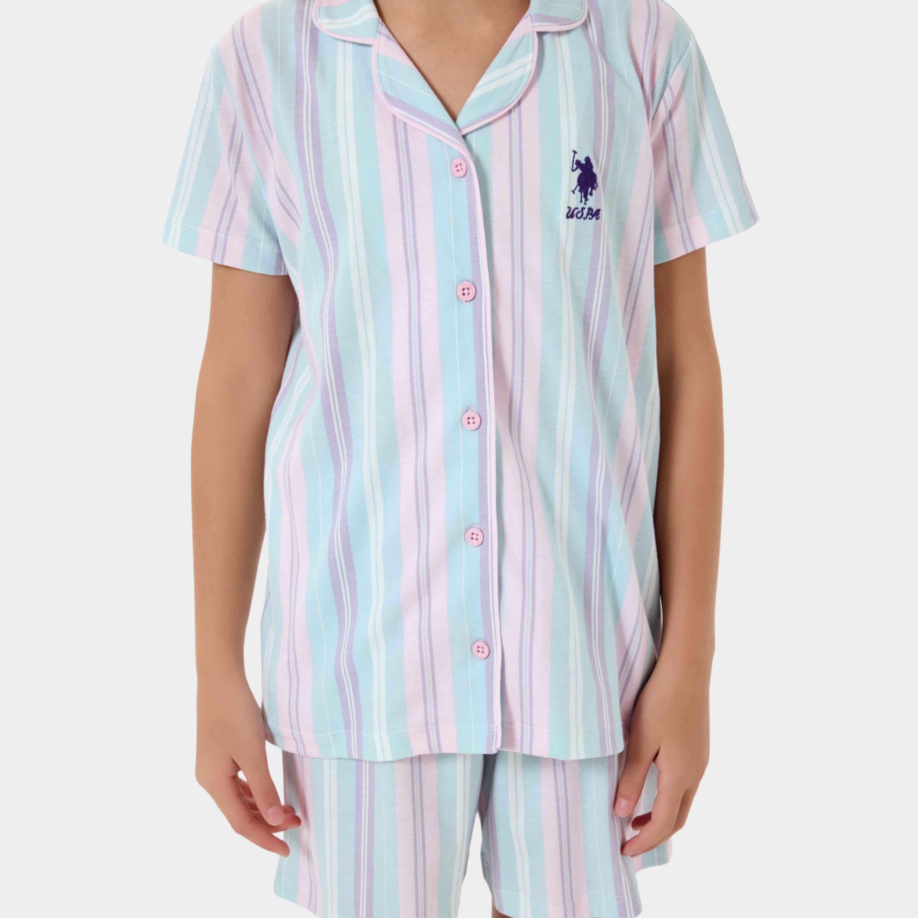 U.S. Polo Assn. | Candy Stripe Düğmeli Kız Çocuk Şortlu Takım