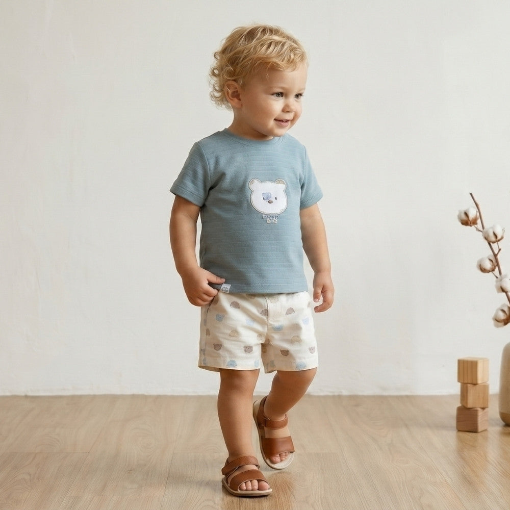 Cozy Bear Serisi | Ayıcık Nakışlı Çizgili Tişört ve Desenli Şort Takımı