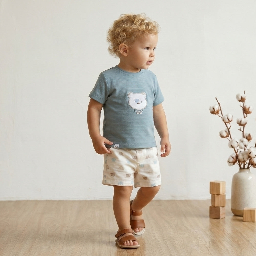 Cozy Bear Serisi | Ayıcık Nakışlı Çizgili Tişört ve Desenli Şort Takımı