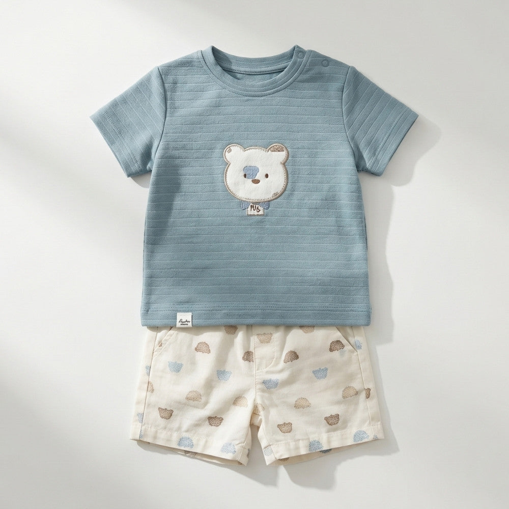 Cozy Bear Serisi | Ayıcık Nakışlı Çizgili Tişört ve Desenli Şort Takımı