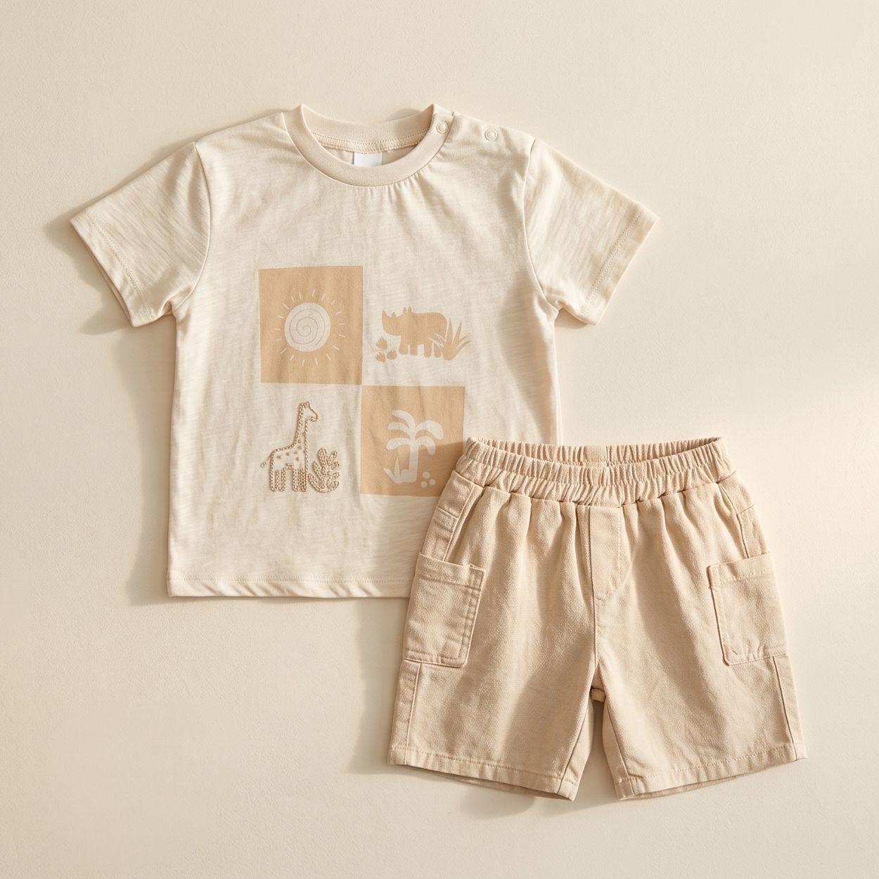Savanna Serisi | Minimalist Baskılı Tişört ve Kargo Cepli Şort Takımı