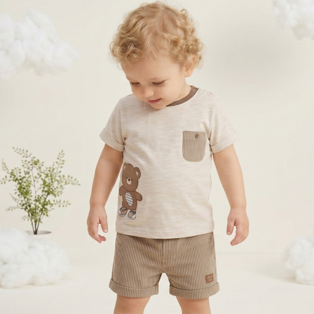 Soft-Bear Serisi | Ayıcık Detaylı Çizgili Şort Takımı