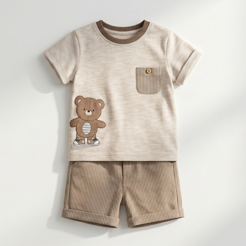Soft-Bear Serisi | Ayıcık Detaylı Çizgili Şort Takımı