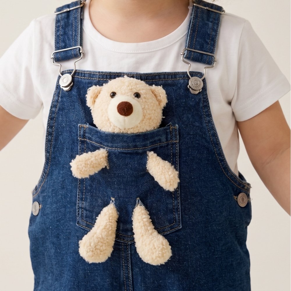 Teddy Serisi | Peluş Figürlü Denim Salopet Tulum
