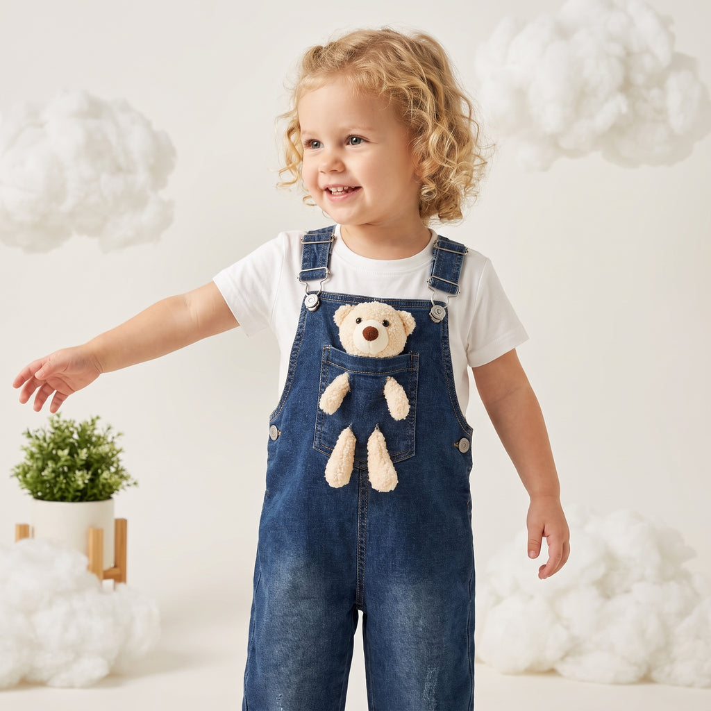 Teddy Serisi | Peluş Figürlü Denim Salopet Tulum