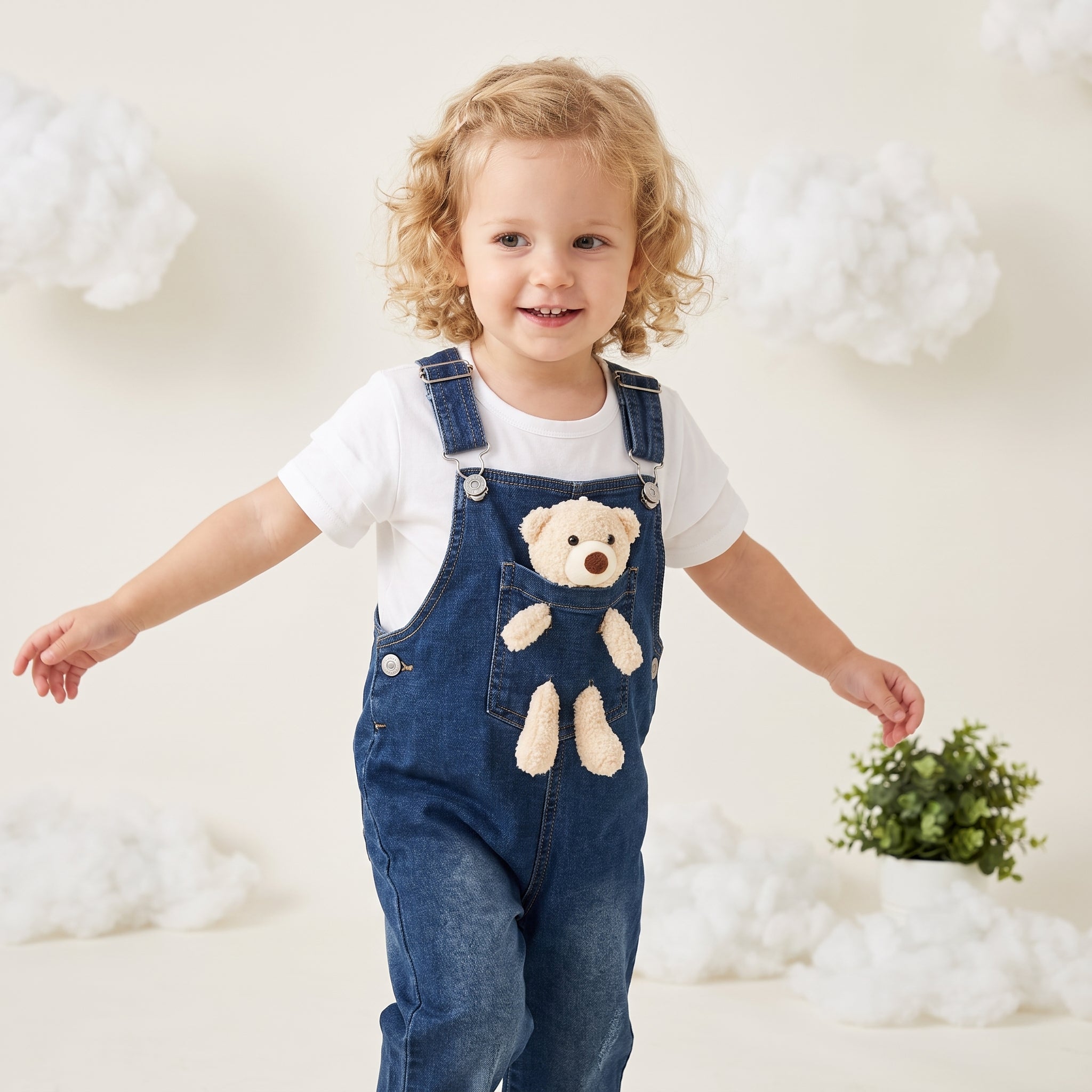 Teddy Serisi | Peluş Figürlü Denim Salopet Tulum