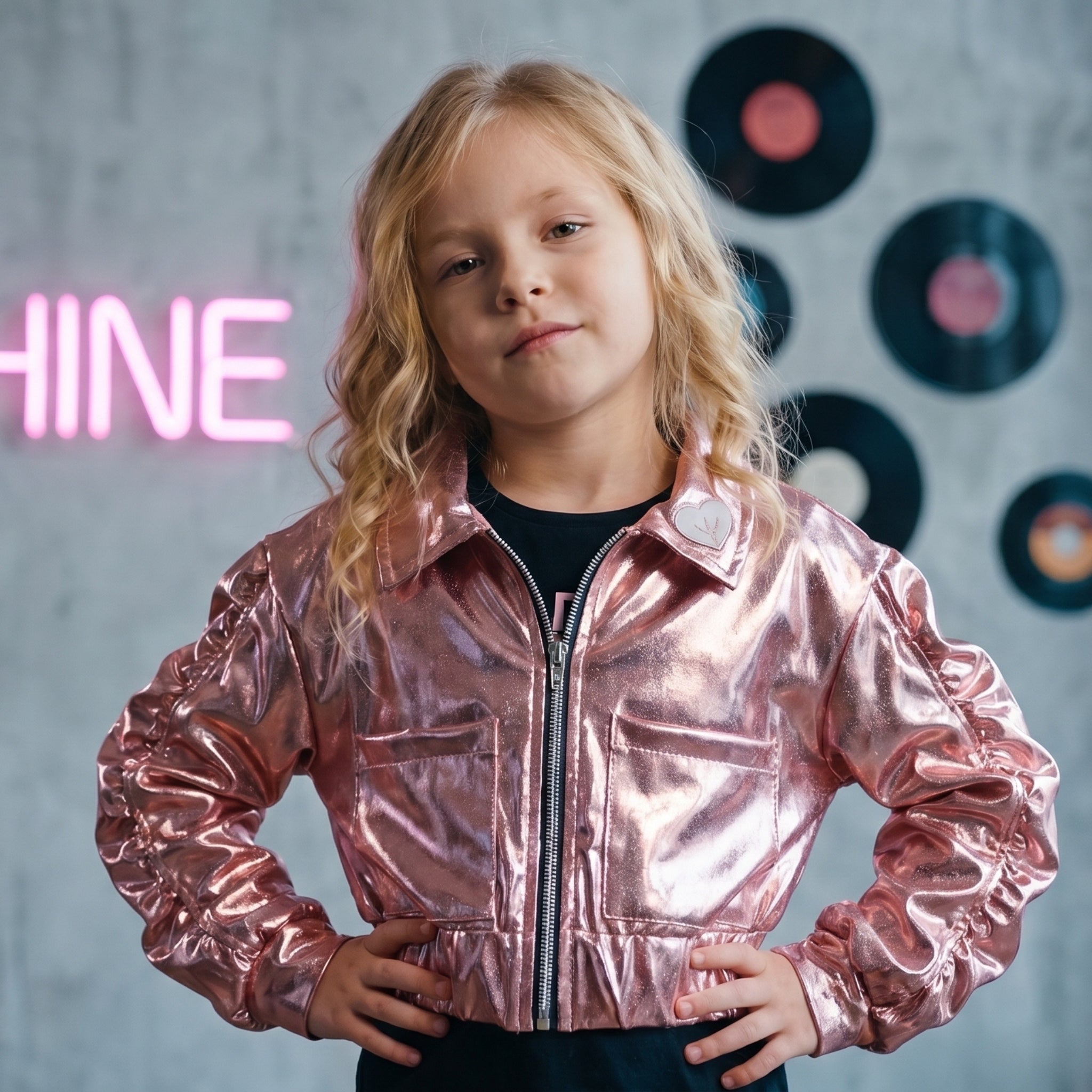 Shine Serisi | Metalik Pembe Parlak Crop Ceket