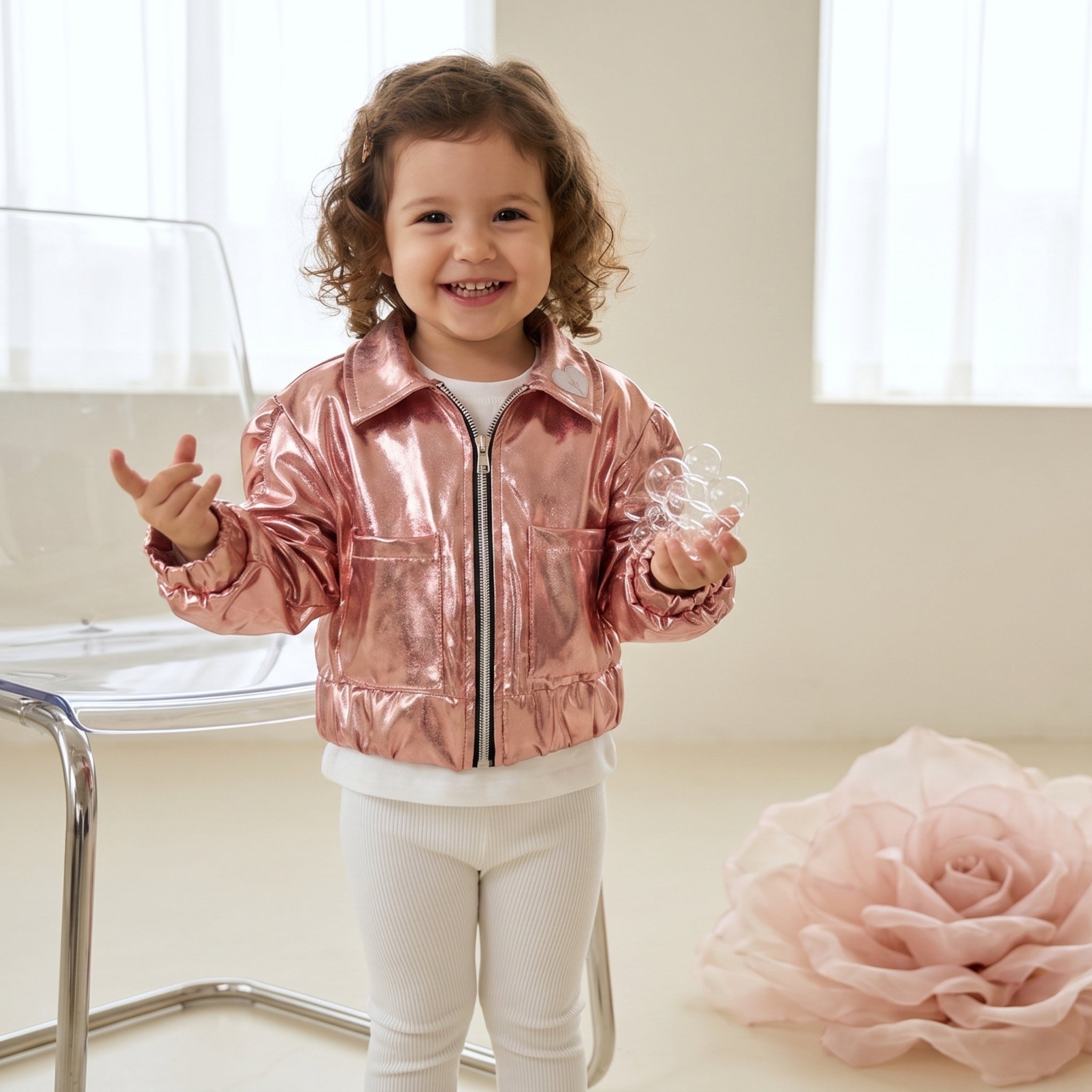 Shine Serisi | Metalik Pembe Parlak Crop Ceket