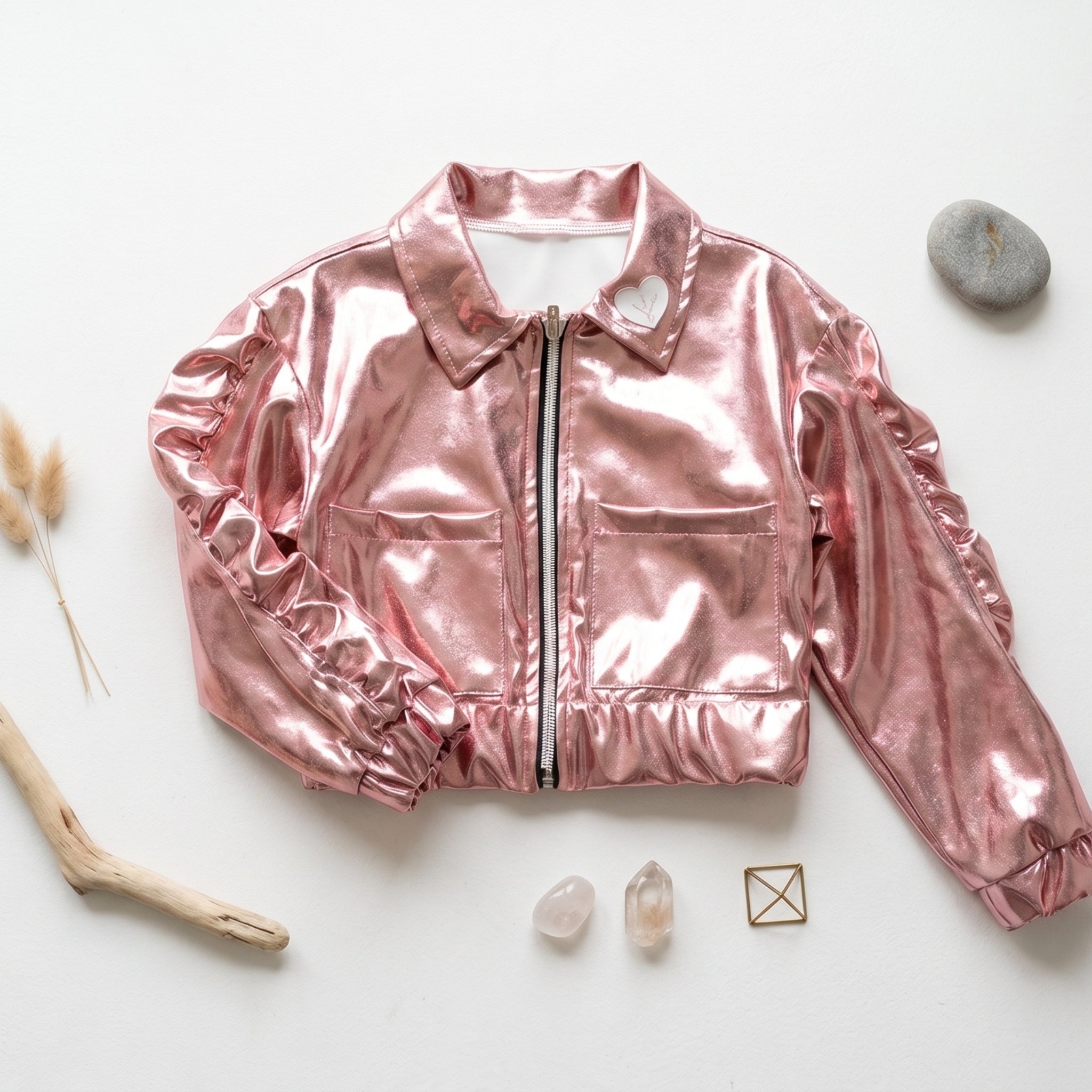 Shine Serisi | Metalik Pembe Parlak Crop Ceket
