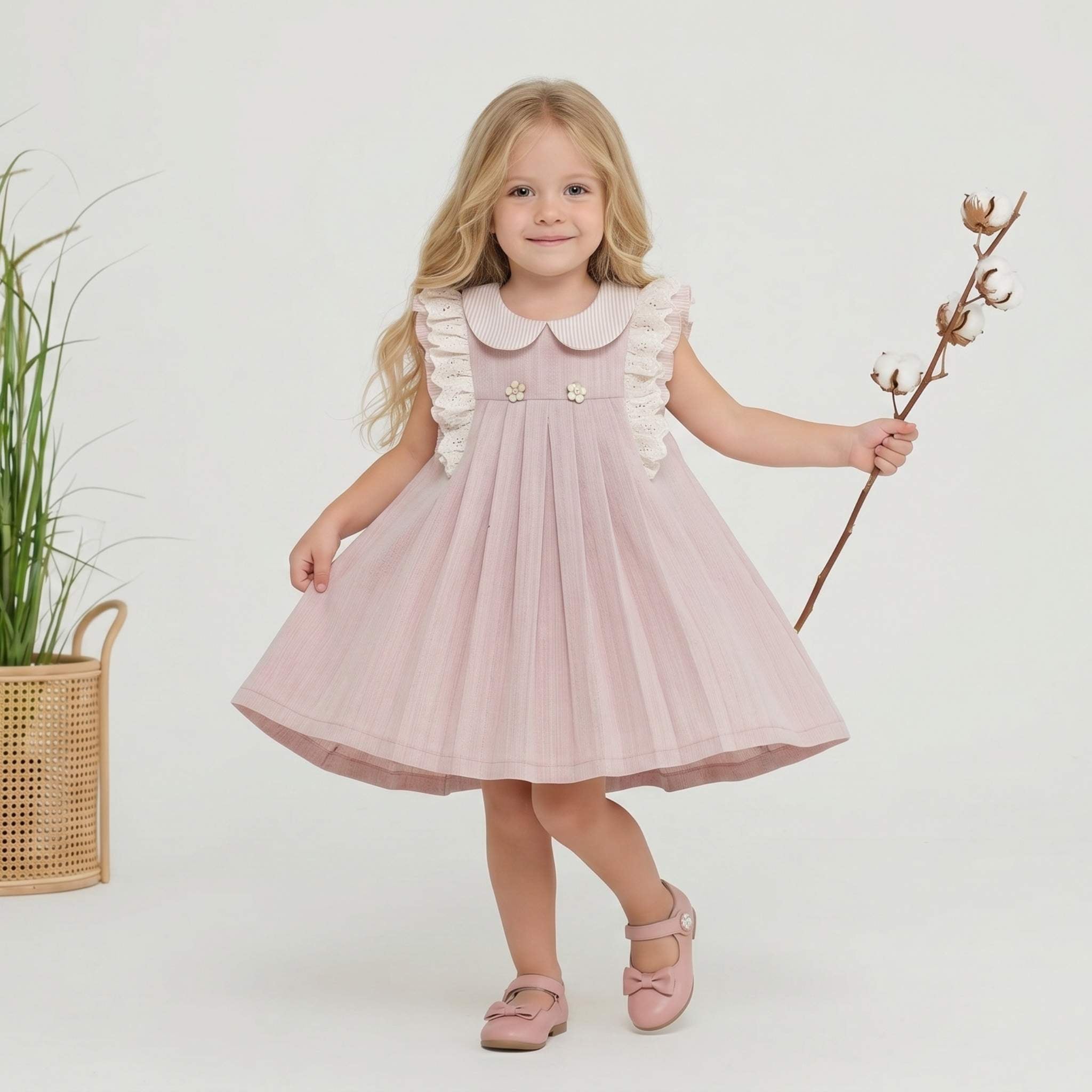 Bloom Serisi | Bebe Yakalı & Fisto Fırfırlı Pileli Vintage Elbise